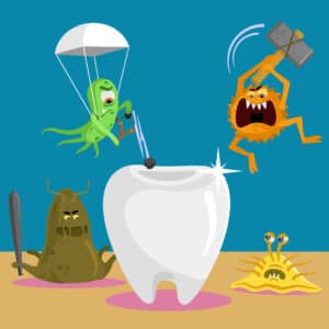 animated germs attacking a tooth